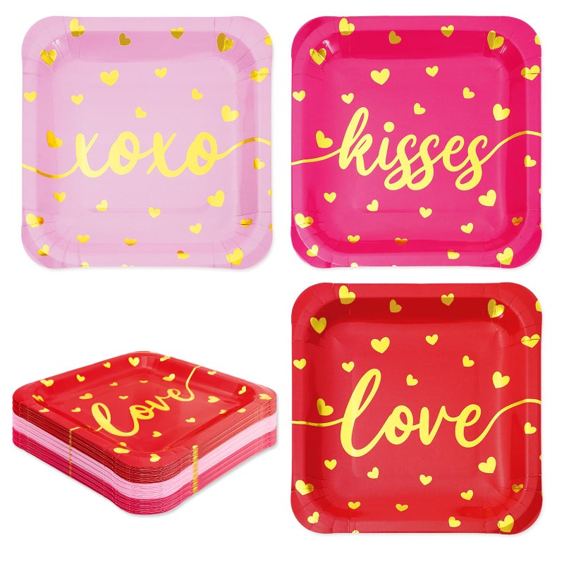 Whaline 30Pcs Valentines Day Paper Plates Gold Foil Hearts Disposable Plates Red Pink Square Plates for Holiday Wedding Party Dinner Tableware Supplies 9 x 9 Inch - Image 3