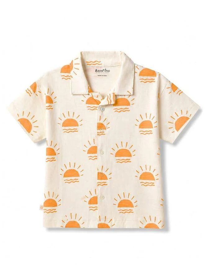 Bonfino Bonfino 100% Cotton Drop Shoulder Oversize Slub All Over Printed Shirt & Shorts Set - Off White