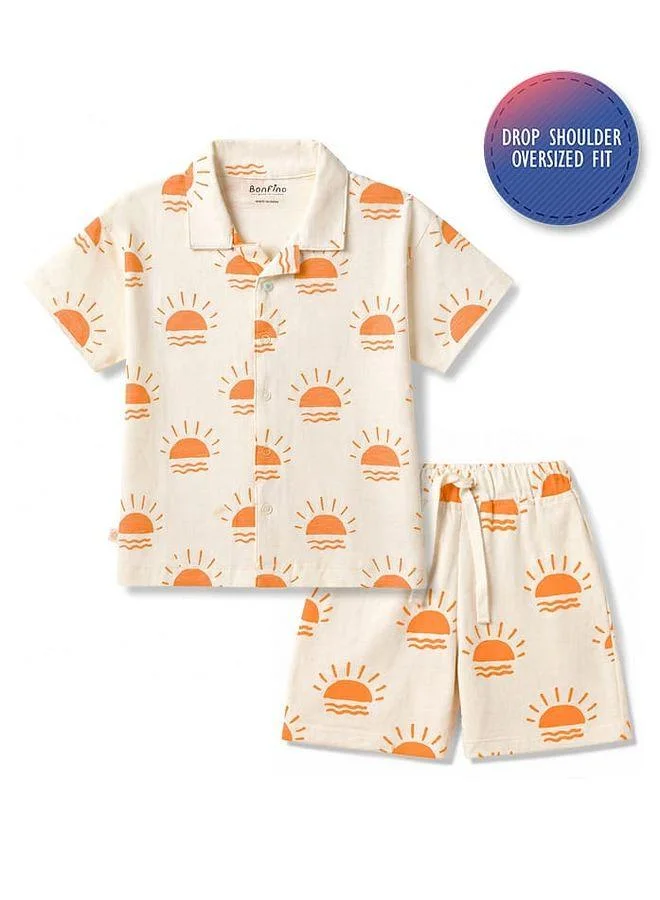 Bonfino Bonfino 100% Cotton Drop Shoulder Oversize Slub All Over Printed Shirt & Shorts Set - Off White