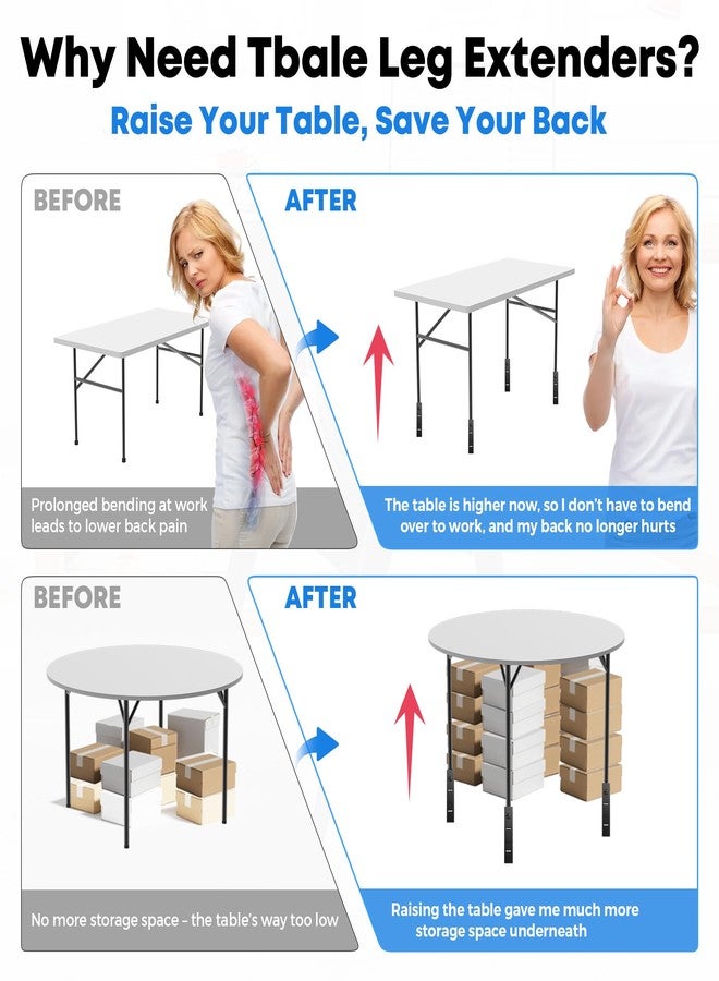Laowu 4 Pack Folding Table Leg Extenders, Highly Durable Steel Folding Table Leg Risers, Folding Desk Legs Extensions for Straight｜Bent Legs,3 Levels Adjustable Height Tables Extender Rise 2.3in｜4.3in｜6.3in - Image 3