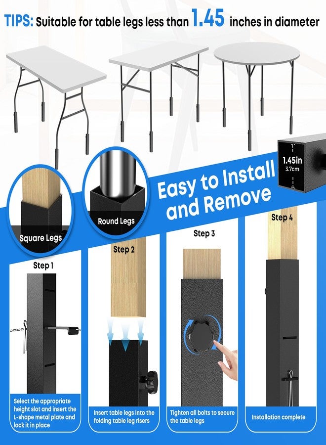 Laowu 4 Pack Folding Table Leg Extenders, Highly Durable Steel Folding Table Leg Risers, Folding Desk Legs Extensions for Straight｜Bent Legs,3 Levels Adjustable Height Tables Extender Rise 2.3in｜4.3in｜6.3in - Image 5