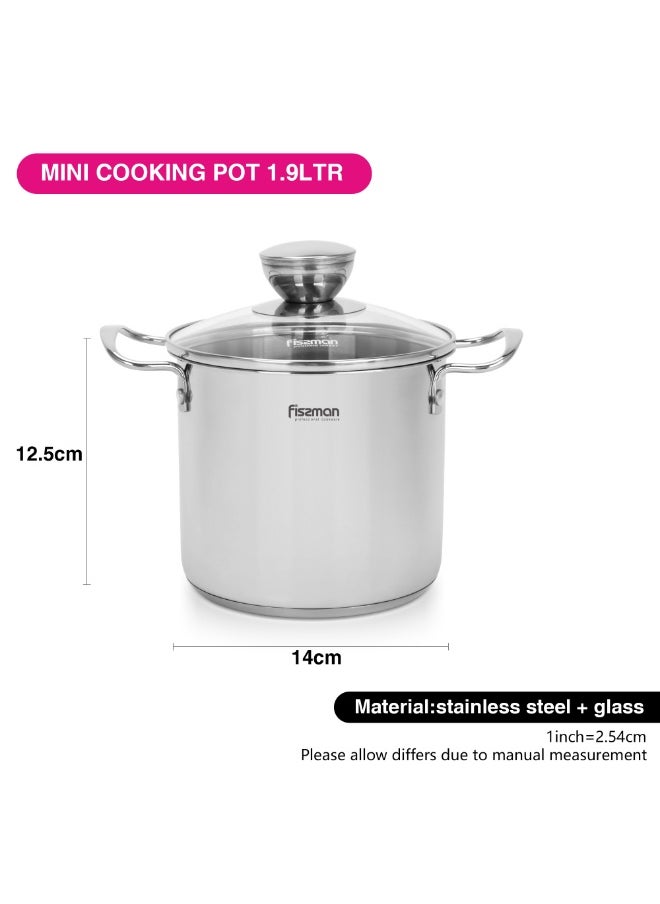 Fissman Cooking Pot 1.9L with Glass Lid, Stainless Steel Stockpot 14x12.5cm Mini Cook Series | 18/10 INOX304 Steel Mirror-Polished Kitchen Cookware | Induction Compatible | Dishwasher Safe  - Image 4
