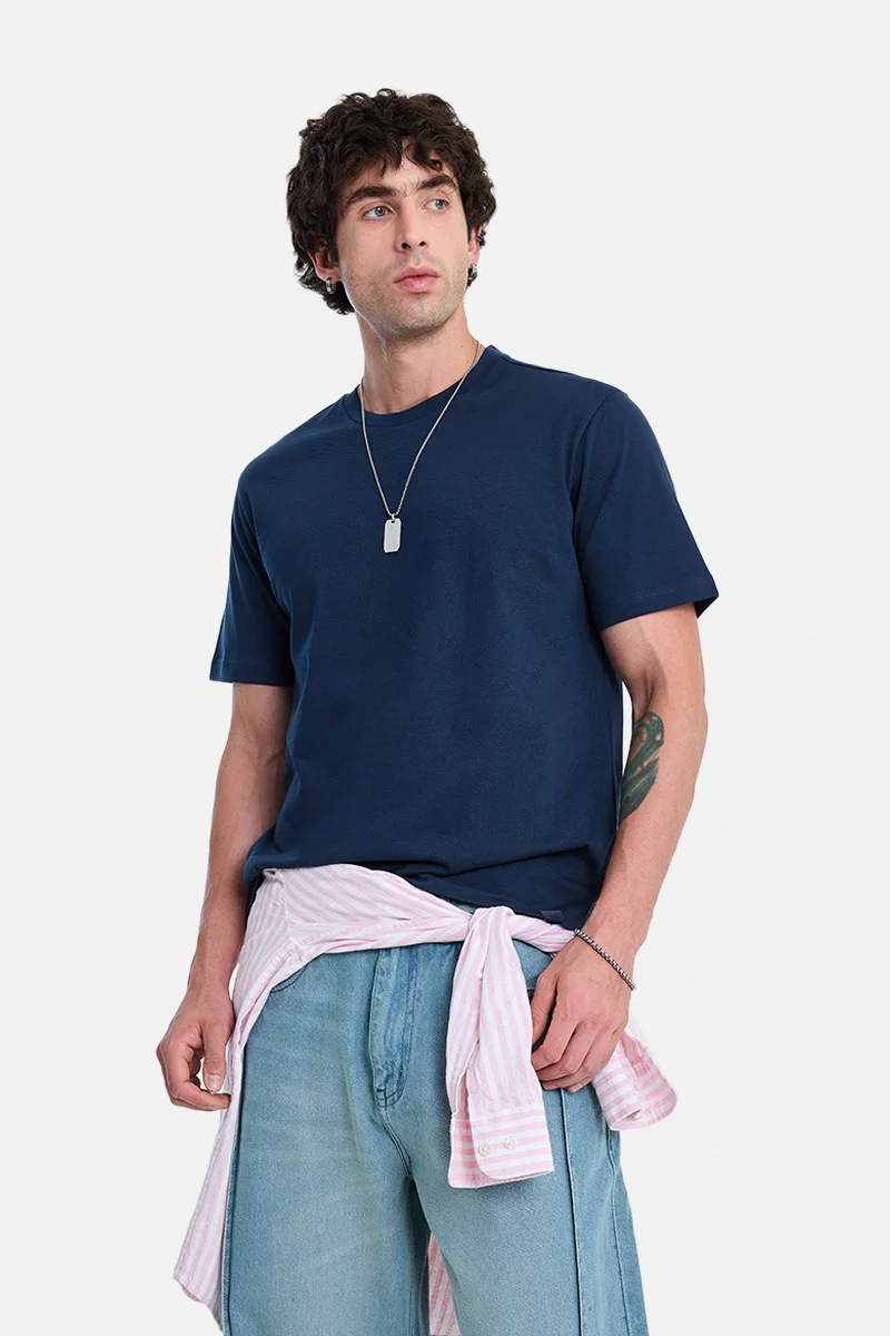 SNITCH Navy Blue Solid Half Sleeve Regular Fit Casual T-Shirt