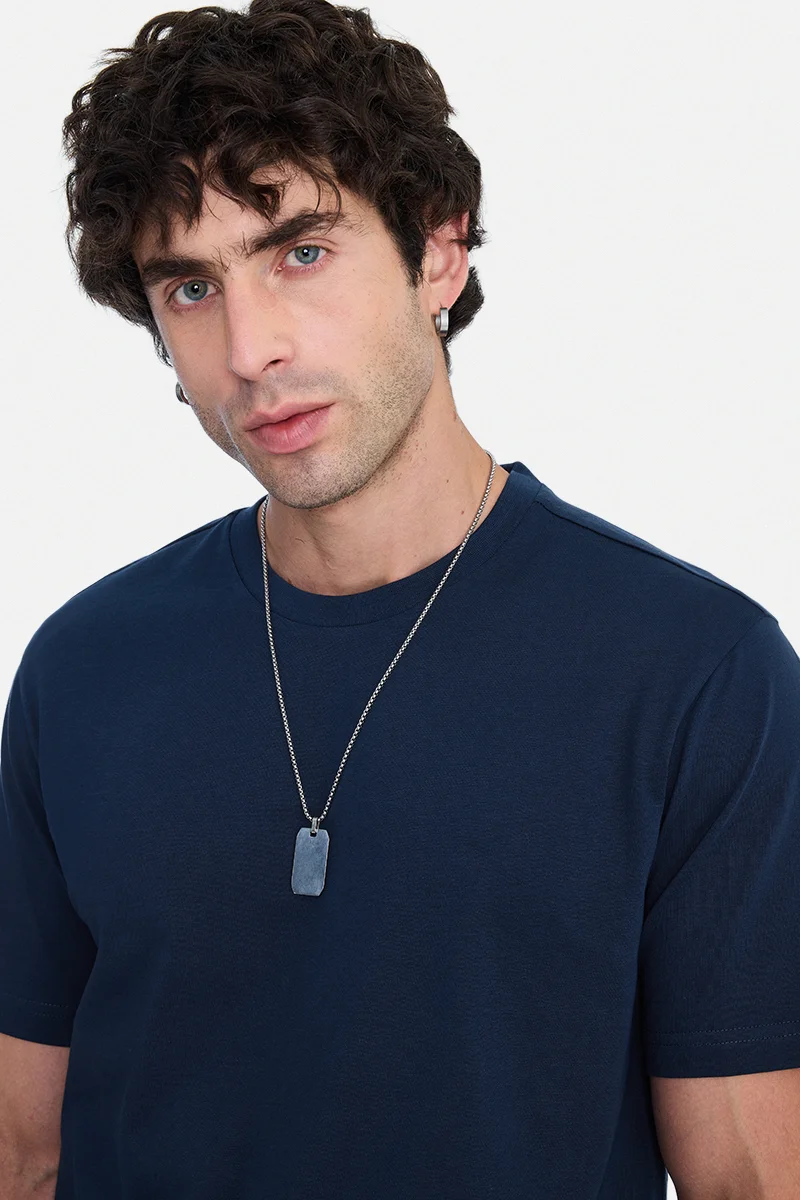 SNITCH Navy Blue Navy Blue Solid Half Sleeve Regular Fit Casual T-Shirt for Men | Best Price UAE