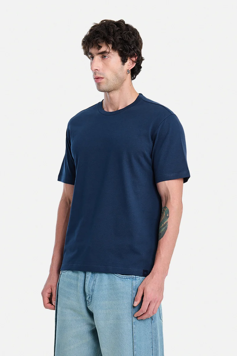 SNITCH Navy Blue Navy Blue Solid Half Sleeve Regular Fit Casual T-Shirt for Men | Best Price UAE
