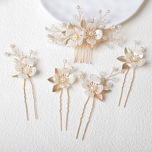 YUISI 5Pcs Wedding Hair Pins Hairstyle Decoration Bride Clips, Hair Accessories for Woman, Luxury Gold Pearl Flower Bun and Braid Hair Accessories for Bridal Hairstyles - Image 3
