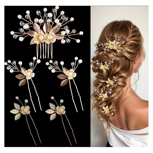 YUISI 5Pcs Wedding Hair Pins Hairstyle Decoration Bride Clips, Hair Accessories for Woman, Luxury Gold Pearl Flower Bun and Braid Hair Accessories for Bridal Hairstyles - Image 1