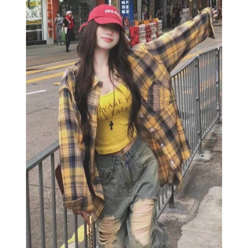 American lazy style pink plaid shirt, women's commuting loose casual slimming long-sleeved shirt with lapel collar, trendy clothes - Image 3