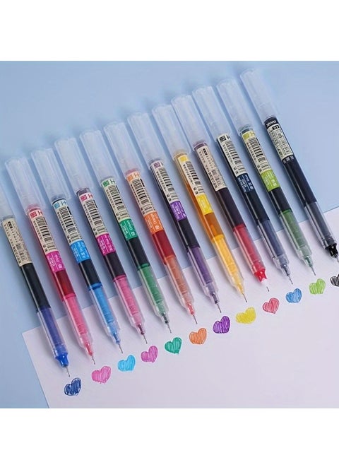 A set of 12 large-capacity liquid ink pens with 0.5mm tips – smooth writing, vibrant colors, and precise lines for writing, drawing, journaling, and note-taking – ergonomic design with quick-drying ink.