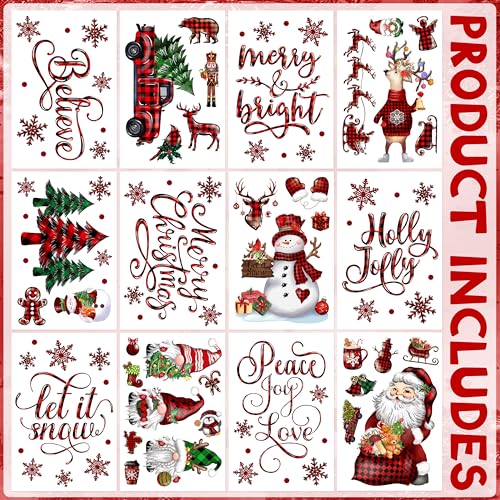 BORAMDO Christmas Window Clings 12 Sheets, Buffalo Plaid Xmas Window Decals Stickers Removable Holiday Decorations for Home & Office, 12 Styles - Image 3