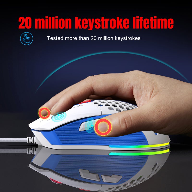 Wireless Gaming Mouse: White & Blue, 6 Adjustable DPI Levels - 14 RGB Lighting Modes, Ergonomic Design with Magnetic Replaceable Rear Cover for PC Gamers - Image 4
