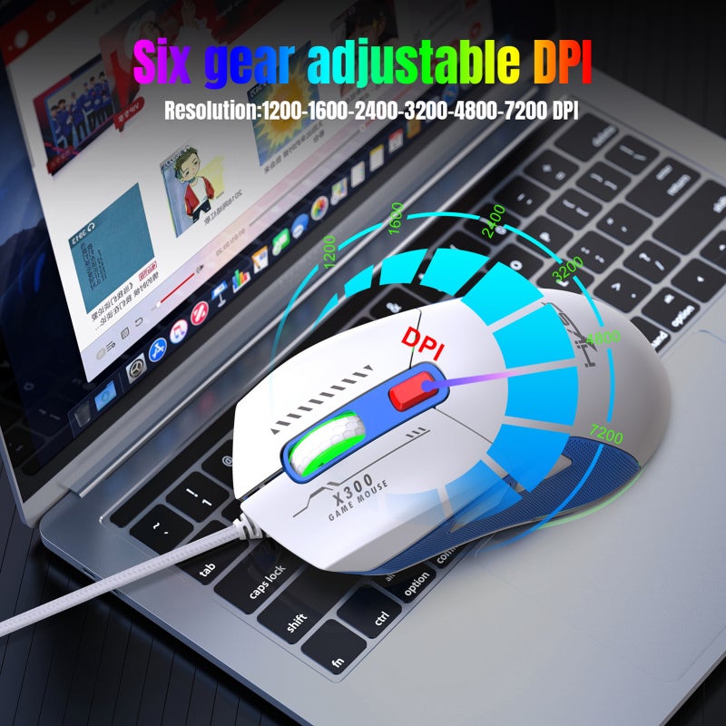 Wireless Gaming Mouse: White & Blue, 6 Adjustable DPI Levels - 14 RGB Lighting Modes, Ergonomic Design with Magnetic Replaceable Rear Cover for PC Gamers - Image 3