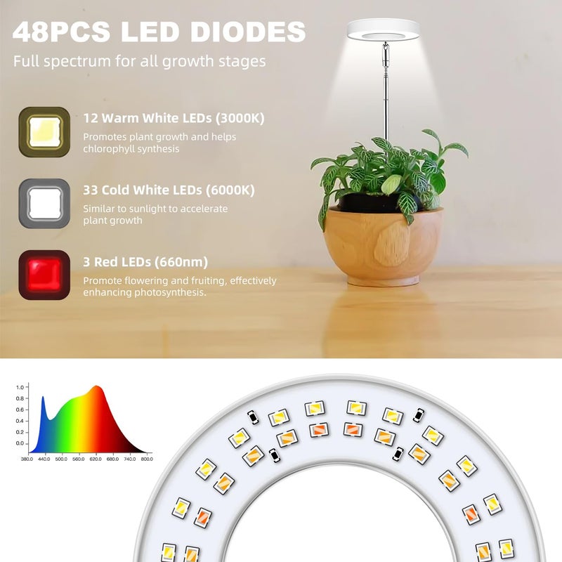 Kullsinss Grow Lights for Indoor Plants, Full Spectrum Halo Growing lamp with Detachable Base, Height Adjustable, 3 Colors, 10 Dimming, Automatic Timer, Plant Light for Succulents Small Plants - Image 5