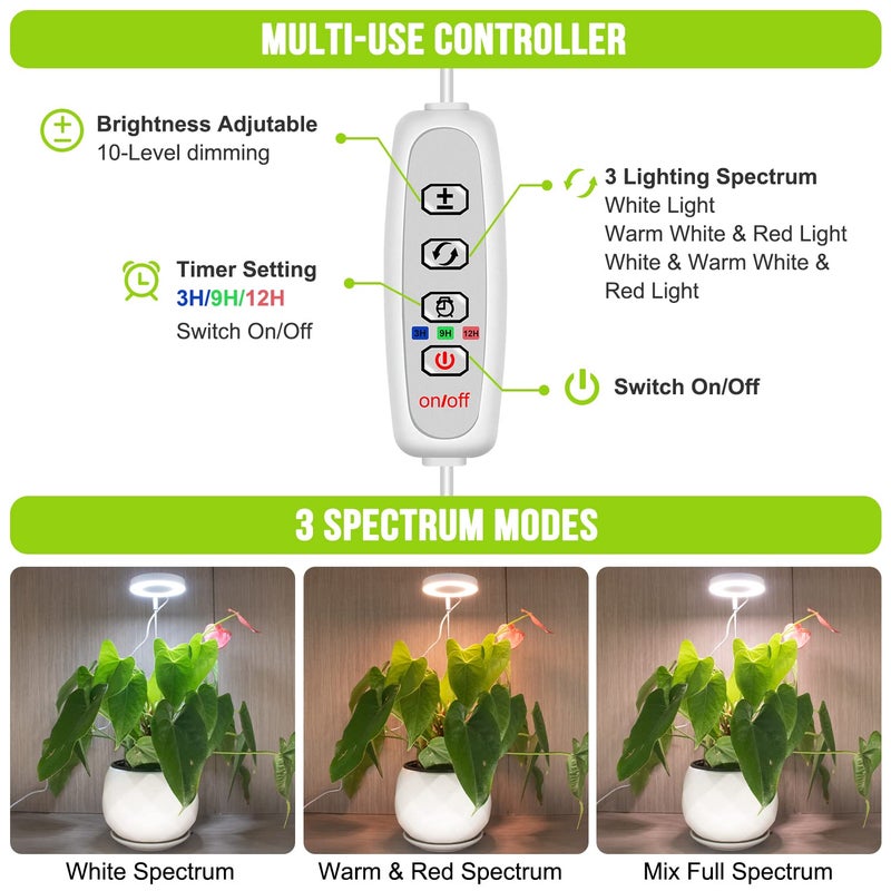 Kullsinss Grow Lights for Indoor Plants, Full Spectrum Halo Growing lamp with Detachable Base, Height Adjustable, 3 Colors, 10 Dimming, Automatic Timer, Plant Light for Succulents Small Plants - Image 3