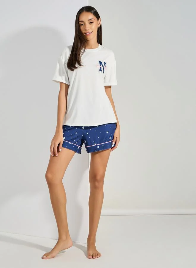 ستايلي NY Graphic T-Shirt & Side Star Print Shorts Set