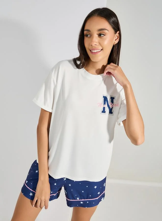 ستايلي NY Graphic T-Shirt & Side Star Print Shorts Set