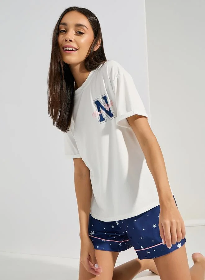 ستايلي NY Graphic T-Shirt & Side Star Print Shorts Set