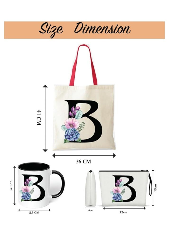 PRINTSHOP4ME Initial Letters Canvas Cotton Tote Bag With Red Handle and Cosmetic pouch for girls - Mug gifts - Pack of 3 Combo set -Giftset for wedding - Gifts for girls - Gift for friends  - Image 3