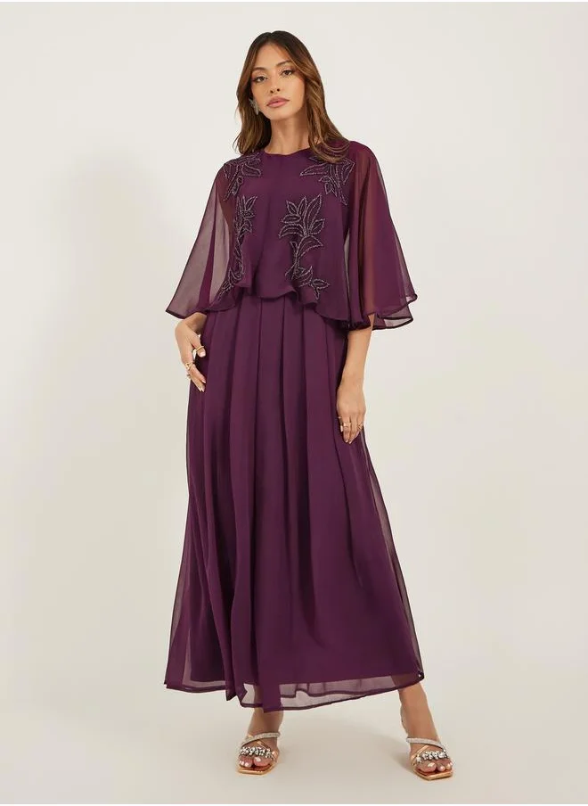 Styli Embellished Cape Sleeves A-Line Maxi Dress