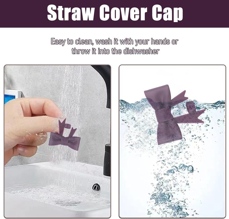Hpebl 4Pcs Silicone Straw Toppers Covers for Stanley Cups 40/30oz 10mm(0.4in) Dust-Proof Bow Straw Covers Toppers Suitbale for Stanley Cup Accessories Reusable Straws Caps (Dark Purple) - Image 3