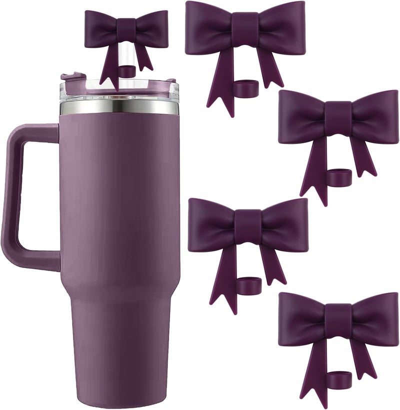 Hpebl 4Pcs Silicone Straw Toppers Covers for Stanley Cups 40/30oz 10mm(0.4in) Dust-Proof Bow Straw Covers Toppers Suitbale for Stanley Cup Accessories Reusable Straws Caps (Dark Purple) - Image 1