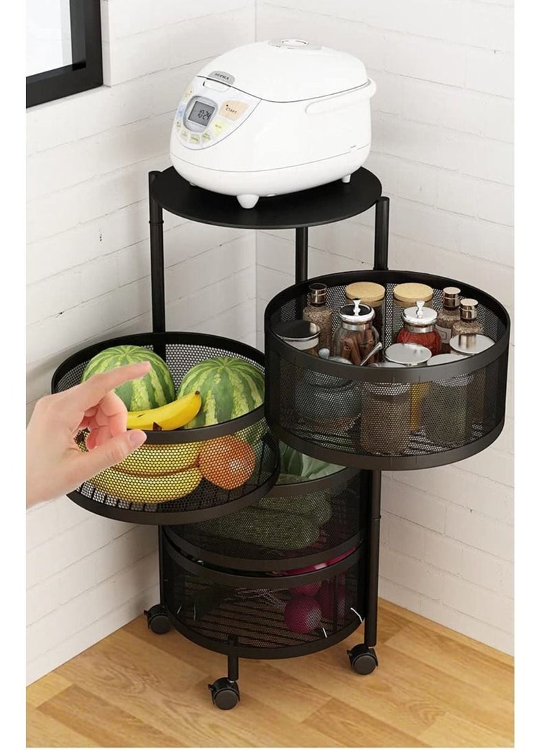 4 Layer Round Shape Kitchen Storage Rack Rotating Basket Cart For Vegetables And Fruits Rack Standing Shelf Units 4 Tier Black Colour - Image 1