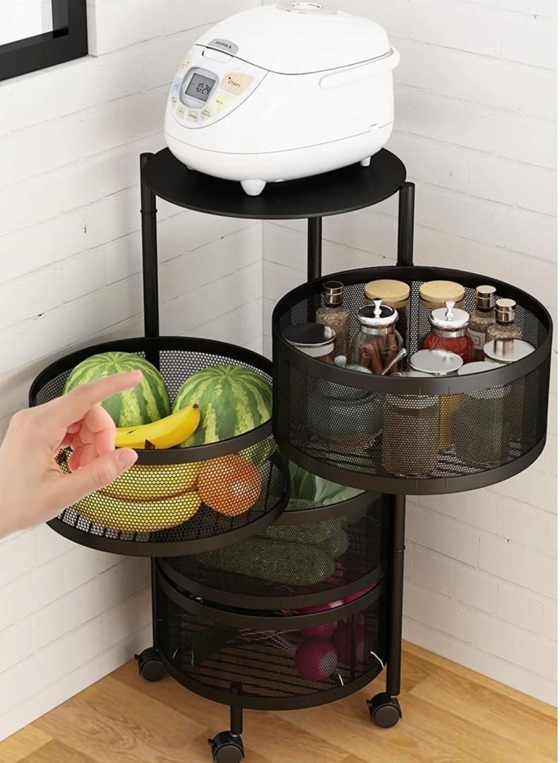 4 Layer Round Shape Kitchen Storage Rack Rotating Basket Cart For Vegetables And Fruits Rack Standing Shelf Units 4 Tier Black Colour - Image 3