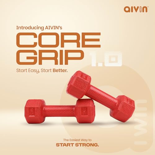 AIVIN Coregrip 1.0 PVC Dumbbells I Set of 2 (1kg Each) I Hexagonal No-Roll Design with Easy-Grip Coating I Professional Home Gym Equipment for Strength Training, Pilates & Aerobics (Red) - Image 2