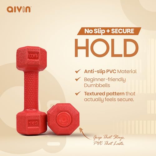 AIVIN Coregrip 1.0 PVC Dumbbells I Set of 2 (1kg Each) I Hexagonal No-Roll Design with Easy-Grip Coating I Professional Home Gym Equipment for Strength Training, Pilates & Aerobics (Red) - Image 3