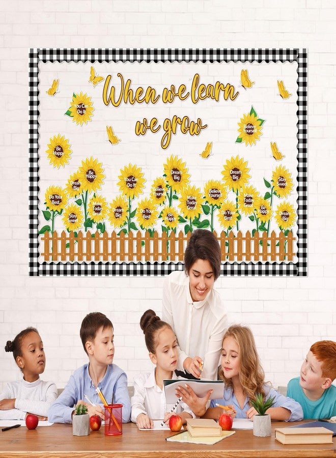 ojustbeok Spring Sunflower Bulletin Board Classroom Decoration Set Spring Sun Flower Cutouts with Motivational Sayings Butterflies Fences When We Learn We Grow Bulletin Cardboard Wall Door Office School Decor - Image 5