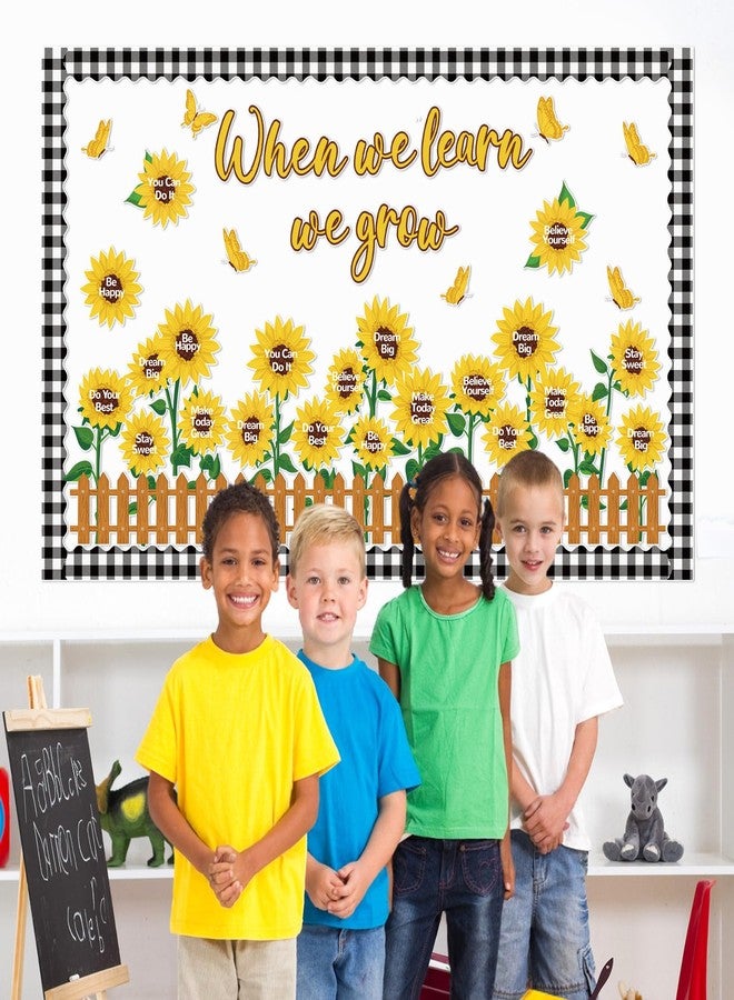 ojustbeok Spring Sunflower Bulletin Board Classroom Decoration Set Spring Sun Flower Cutouts with Motivational Sayings Butterflies Fences When We Learn We Grow Bulletin Cardboard Wall Door Office School Decor - Image 4