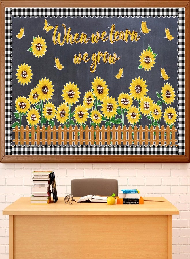 ojustbeok Spring Sunflower Bulletin Board Classroom Decoration Set Spring Sun Flower Cutouts with Motivational Sayings Butterflies Fences When We Learn We Grow Bulletin Cardboard Wall Door Office School Decor - Image 1