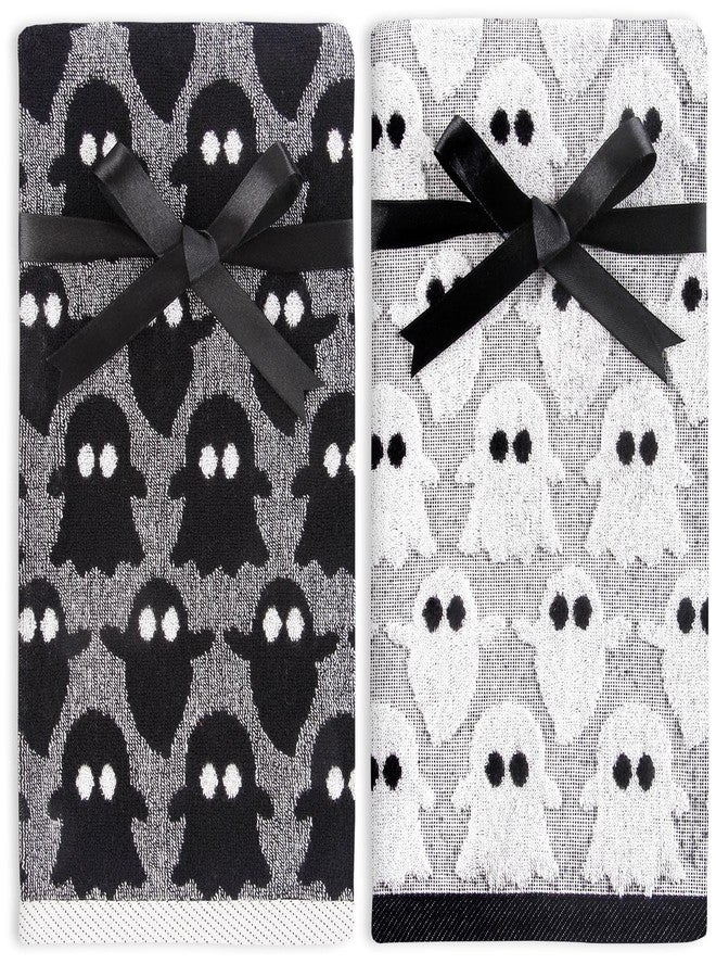Quera 2 Pack Hand Towels Halloween Ghost Black White Bathroom Decorative Towels Set for Drying, Cleaning, Cooking, Holiday 13.7'' x 29.5'' - Image 1