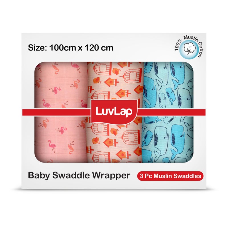 LuvLap 100% Cotton Muslin Baby Swaddle Set, Baby Towel, Size-120cm x 100cm (47"x39"), Fish Cage Print, 0-18 Month+, Printed Mulmal Muslin Swaddle Wrap for New Born, Pack of 3 - Image 1