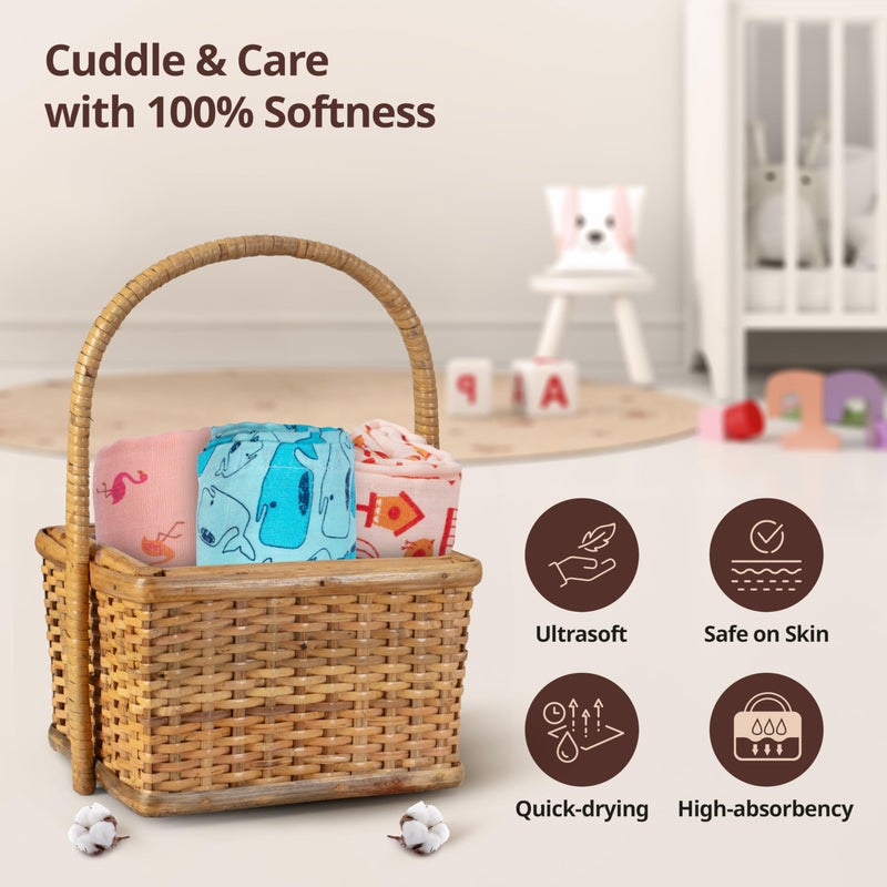 LuvLap 100% Cotton Muslin Baby Swaddle Set, Baby Towel, Size-120cm x 100cm (47"x39"), Fish Cage Print, 0-18 Month+, Printed Mulmal Muslin Swaddle Wrap for New Born, Pack of 3 - Image 3