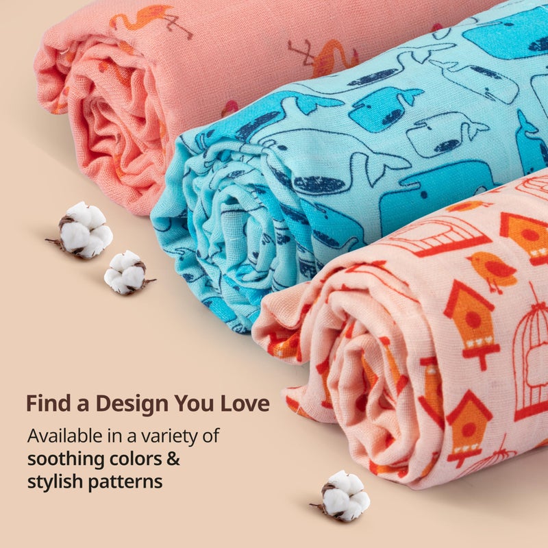 LuvLap 100% Cotton Muslin Baby Swaddle Set, Baby Towel, Size-120cm x 100cm (47"x39"), Fish Cage Print, 0-18 Month+, Printed Mulmal Muslin Swaddle Wrap for New Born, Pack of 3 - Image 4