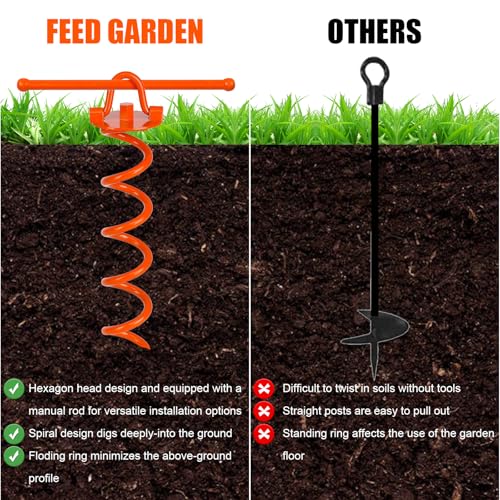 FEED GARDEN 12.2 Inch Spiral Ground Anchors Heavy Duty Screw in Spiral Stakes, 4 Pack Folding Ring Ground Stakes for Securing Dogs,Tents, Trampolines, Canopies, Swing Sets,Orange - Image 3