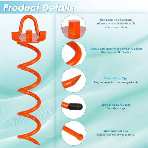 FEED GARDEN 12.2 Inch Spiral Ground Anchors Heavy Duty Screw in Spiral Stakes, 4 Pack Folding Ring Ground Stakes for Securing Dogs,Tents, Trampolines, Canopies, Swing Sets,Orange - Image 4