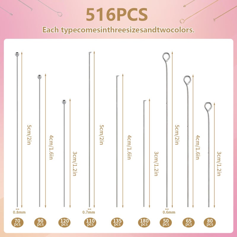 KOPOX Gold and Silver Eye Pins and Flat Head Pins for Jewelry Making, 1.2", 1.6", 2" Metal Eyepins Headpins, for Women Jewelry Making - Image 2