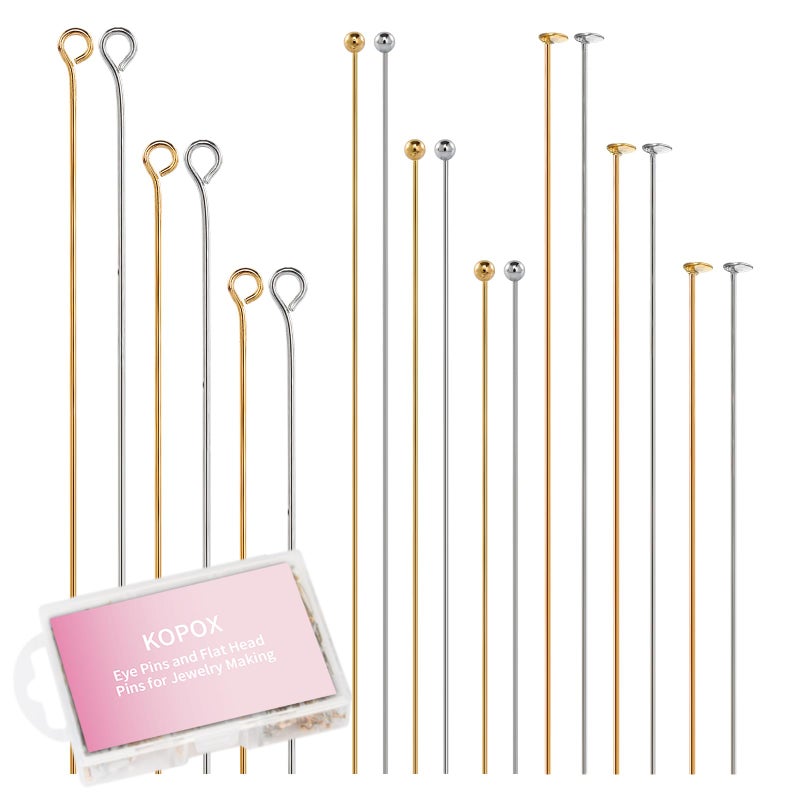 KOPOX Gold and Silver Eye Pins and Flat Head Pins for Jewelry Making, 1.2", 1.6", 2" Metal Eyepins Headpins, for Women Jewelry Making - Image 1