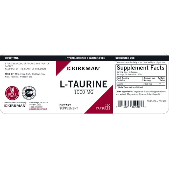 Kirkman L-Taurine 1000 mg - Hypoallergenic | 100 Vegetarian Capsules - Image 3