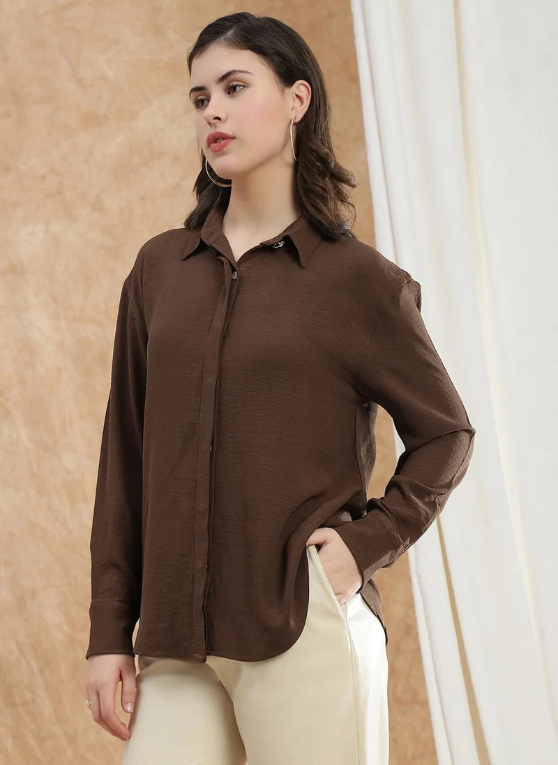 globus Globus Women Brown Spread Collar Cuffed Sleeve Curved Hem Oversized Workwear Shirt