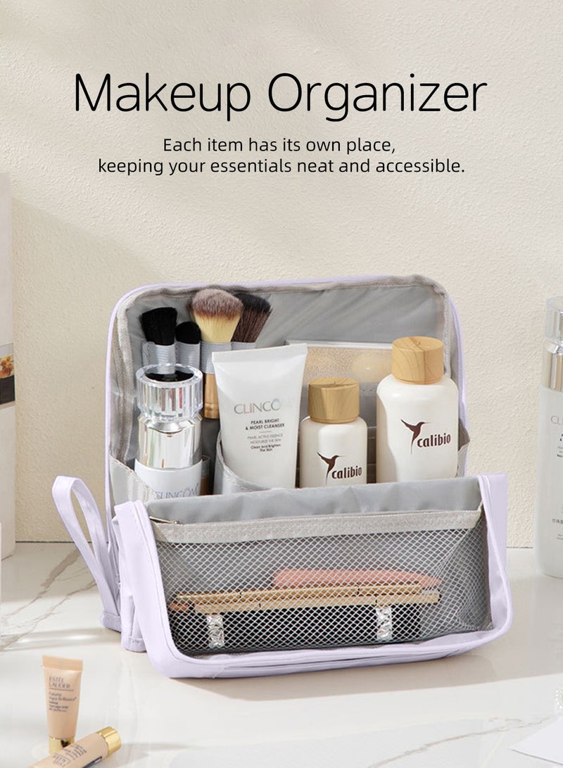 Large Travel Makeup Bag Organizer, Standing Cosmetic Organizer with Handle, Waterproof PU Vanity Case for Women, Portable Makeup Station & Toiletry Bag, Available in Cream Beige, Sky Blue & Light Purple - Image 1