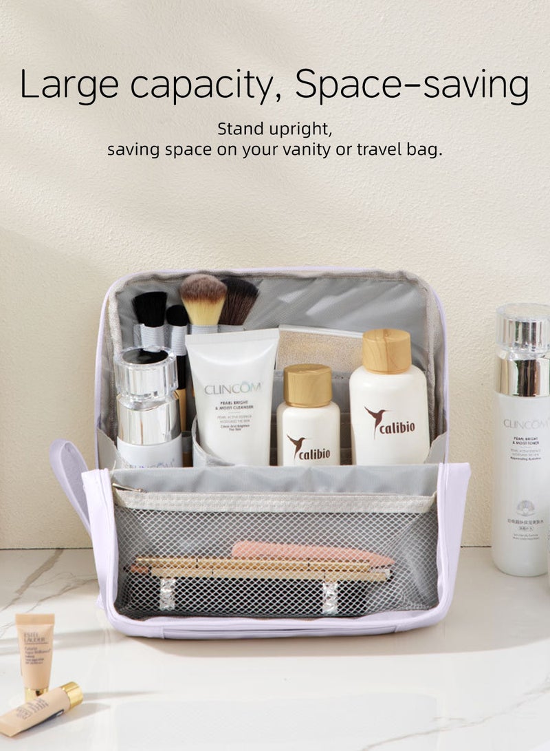 Large Travel Makeup Bag Organizer, Standing Cosmetic Organizer with Handle, Waterproof PU Vanity Case for Women, Portable Makeup Station & Toiletry Bag, Available in Cream Beige, Sky Blue & Light Purple - Image 4