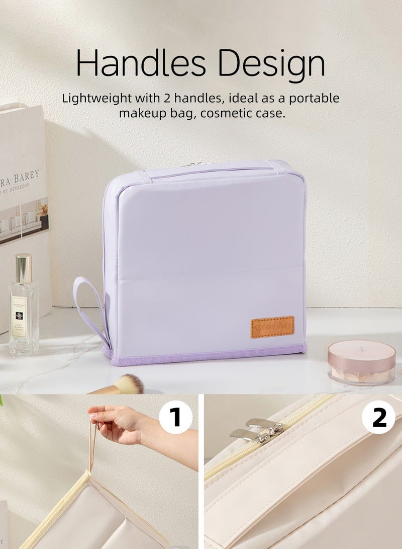 Large Travel Makeup Bag Organizer, Standing Cosmetic Organizer with Handle, Waterproof PU Vanity Case for Women, Portable Makeup Station & Toiletry Bag, Available in Cream Beige, Sky Blue & Light Purple - Image 2