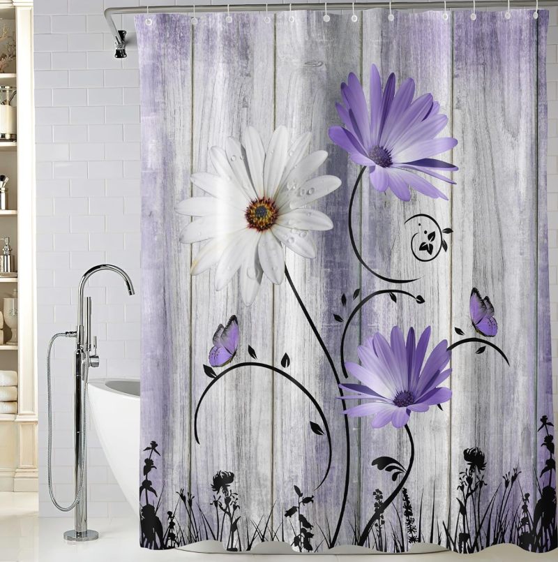 ستارة حمام بالألوان المائية بتصميم أزهار 72×72 بوصة - أقحوان بنفسجي مقاومة للماء من البوليستر - تصميم أزهار برية ريفية مع 12 خطافاً مقاومة للصدأ لديكور الحمام - Image 2
