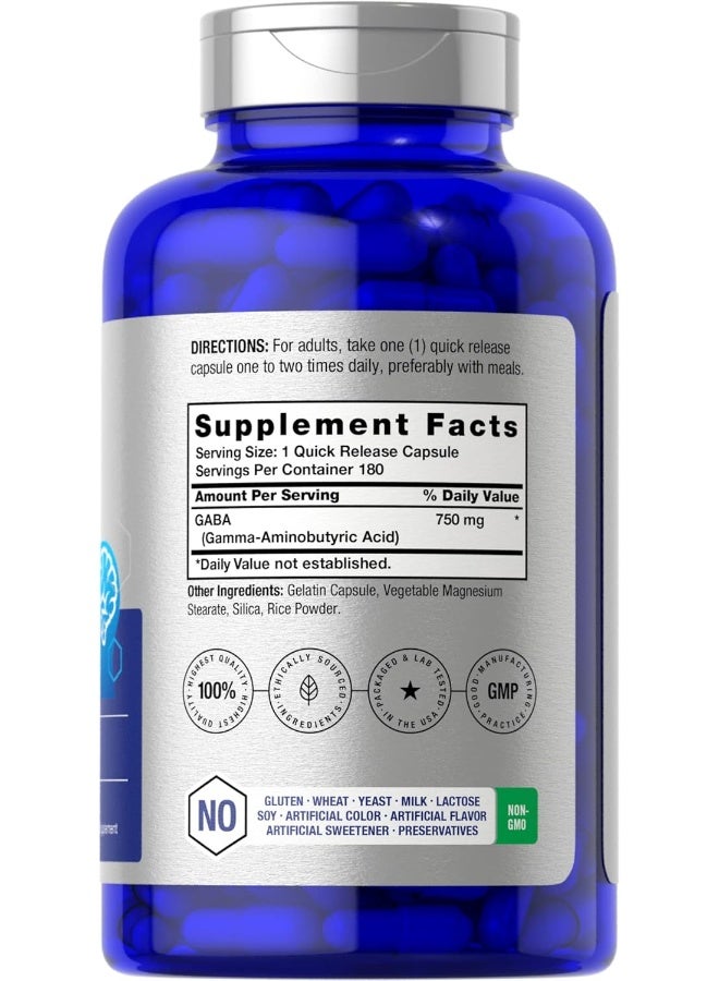 Horbaach GABA 750mg 180 Capsules | Non-GMO, Gluten Free | Gamma Aminobutyric Acid Supplement - Image 2