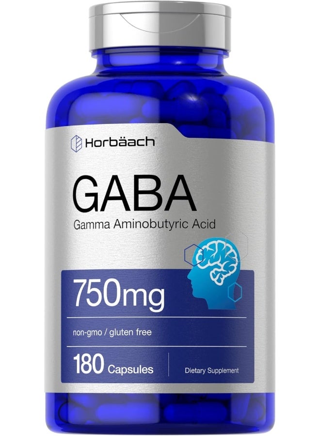 Horbaach GABA 750mg 180 Capsules | Non-GMO, Gluten Free | Gamma Aminobutyric Acid Supplement - Image 1