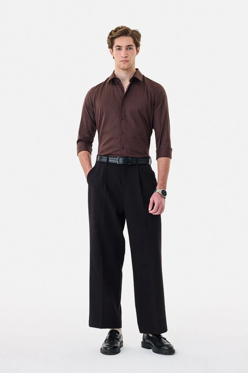 سنيتش Brown Checkered Long Sleeve Slim Fit Luxe Shirt