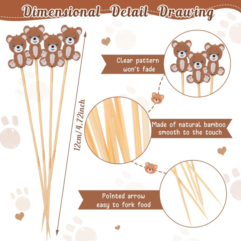 Tioncy 100 Pcs Bear Cocktail Picks 4.7 Inch Bear Cocktail Toothpicks for Appetizers Decorative Bamboo Skewers Party Decorations Fruit Food Picks for Party Supplies - Image 2